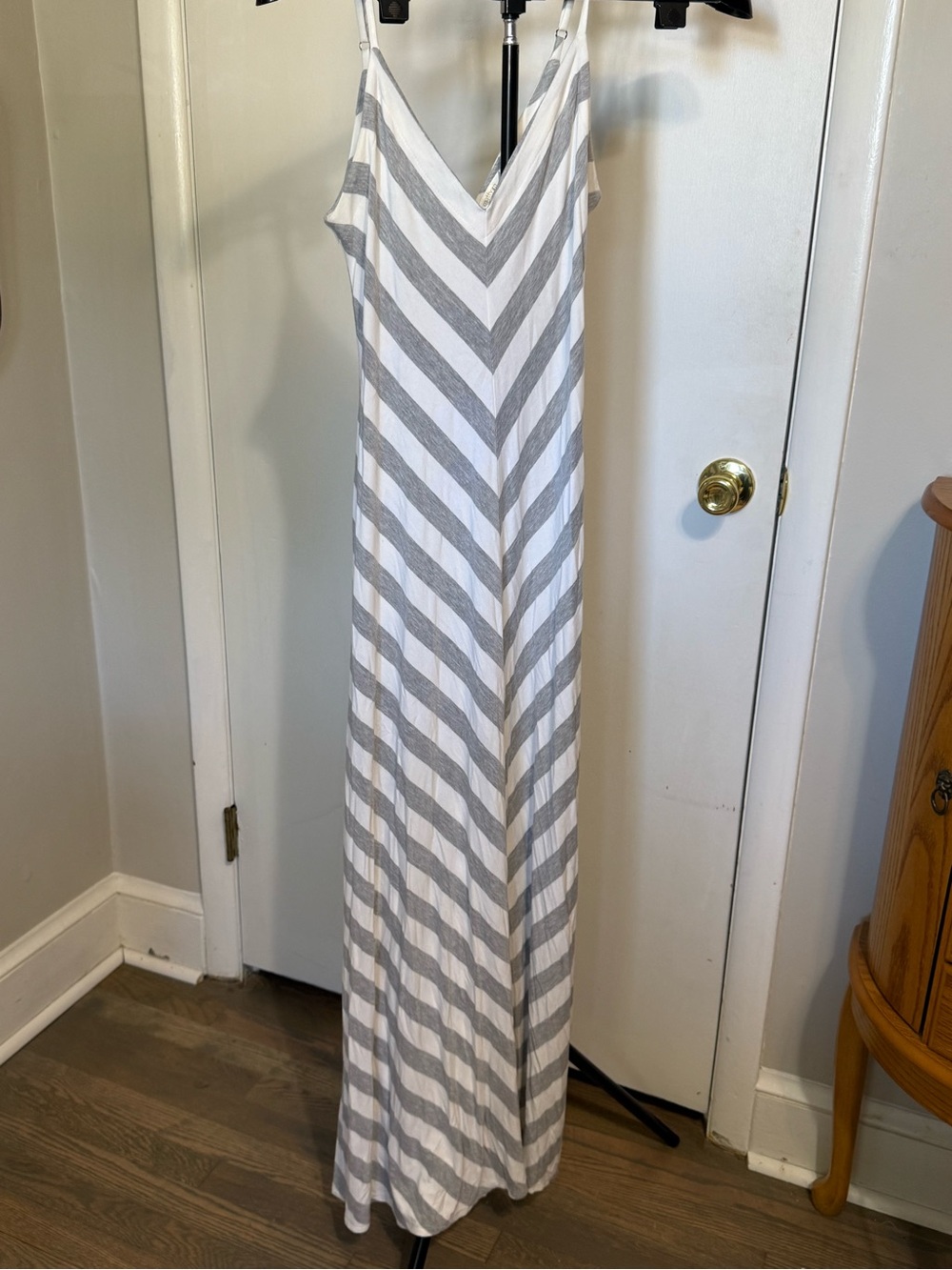 Matty M White and Gray Striped V-Neck Maxi Dress